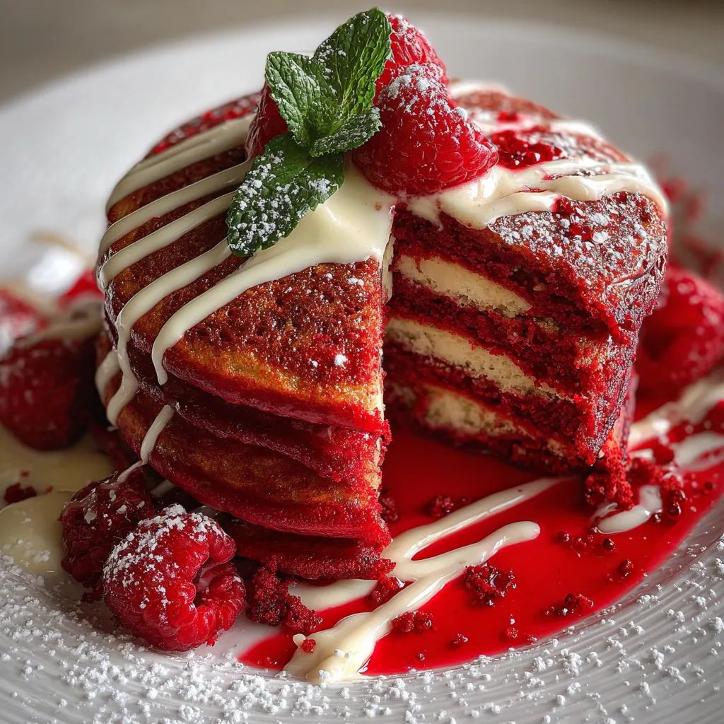 Red Velvet Pancakes with Cream Cheese Glaze and Rich Cocoa Flavor - secondary view